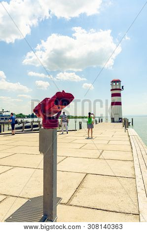 Austria, Podersdorf - 07.06.2015: The Famous Lighthouse Of Podersdorf, Lake Neusiedl, Burgenland, Pe