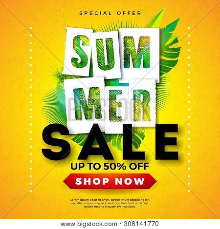 Summer Sale Design With Tropical Palm Leaves And Typography Letter On Yellow Background. Vector Holi