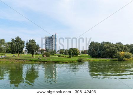Minsk, Republic Of Belarus. - September 8, 2018: Panoramic View Of The Hotel Belarus In Minsk, Repub