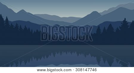 Blue Forest And Mountain Nature Landscape By The Lake Vector Illustration Eps10