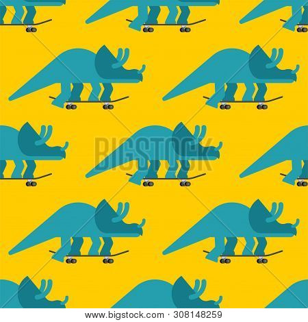 Triceratops On Skateboard Pattern Seamless. Dino Skateboarder Background. Prehistoric Lizard Monster
