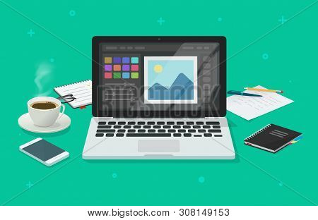 Photo Or Graphic Editor On Computer Vector Illustration, Flat Cartoon Laptop Screen With Design Or I