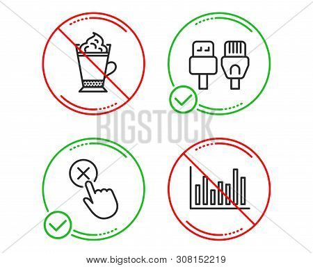 Do Or Stop. Reject Click, Latte Coffee And Computer Cables Icons Simple Set. Bar Diagram Sign. Delet