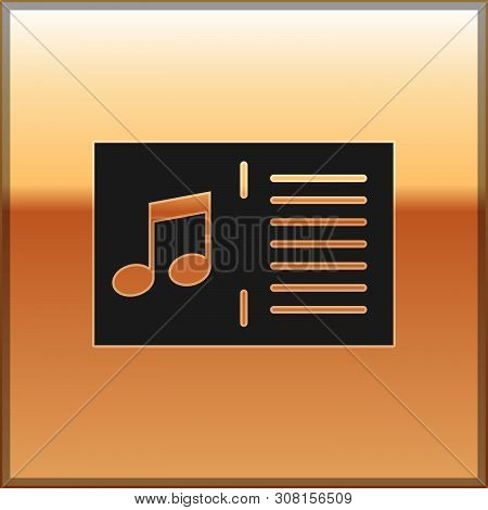 Black Music Book With Note Icon Isolated On Gold Background. Music Sheet With Note Stave. Notebook F