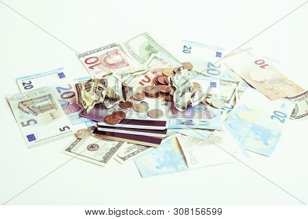 Cash On Table Isolated: Dollars, Euro, Rubl Broken Money. All In Mess, Global Crisis Concept Close U