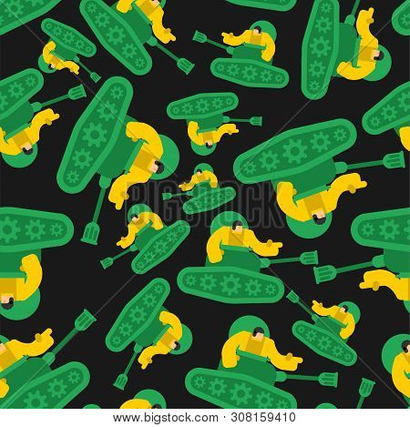 Cartoon Tank And Trooper Pattern Seamless. Childrens Soldier Background. Vector Texture. Weapon Atta