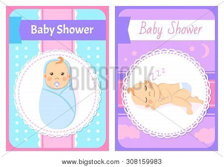 Baby Shower Greeting Cards, Swaddled Boy With Nipple And Sleeping Infant. Vector Newborn Milestones 