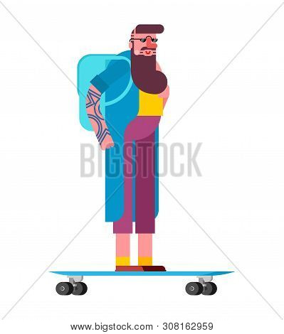 Hipster And Longboard. Fashionable Look. Bearded Fashion-monger. Vector Illustration
