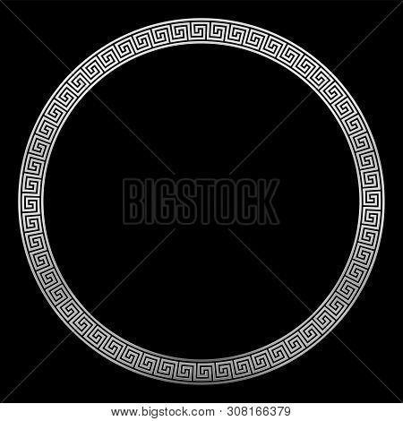 Round Silver Frame, Ancient Pattern, Silver Meander Design With Seamless Greek Pattern,  Decorative 