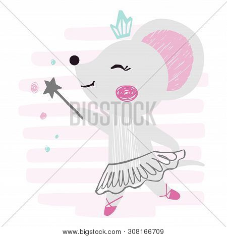 Mouse Baby Girl Cute Print. Sweet Animal With Magic Wand, Ballet Tutu, Pointe, Crown On Striped Back