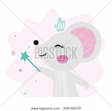 Mouse Baby Girl Cute Print. Sweet Animal With Magic Wand, Crown.
