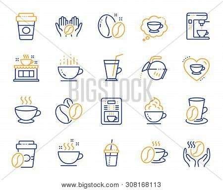 Coffee Line Icons. Beans, Hot Cocktail And Coffee Maker Machine. Espresso Cup, Cappuccino With Whipp