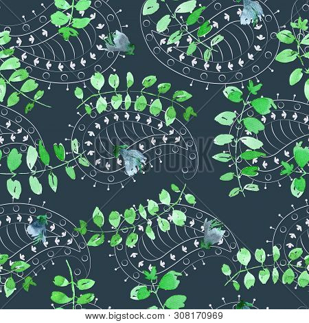 Seamless Pattern With Green Basil Leaves And Flowers. Loose Watercolor Style. Pale Paisley, Steelblu