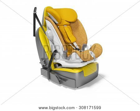 Orange Baby Car Seat With Isofix On Yellow Car Seat 3d Render On White Background With Shadow