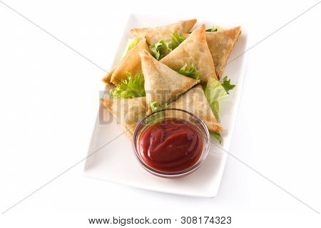 Samsa Or Samosas With Meat And Vegetables Isolated On White Background . Traditional Indian Food.