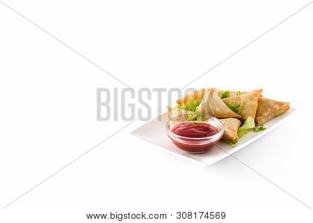 Samsa Or Samosas With Meat And Vegetables Isolated On White Background . Traditional Indian Food. Co