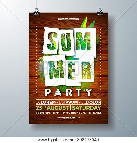 Vector Summerparty Flyer Design With Tropical Palm Leaves And Paper Cutting Typography Letter On Vin
