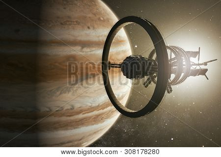 3d Rendering Of A Spaceship Aproaching Jupiter