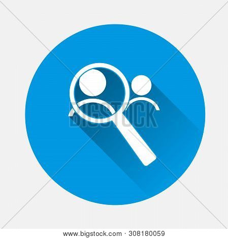 Vector Image Icon Of Man And Magnifier. Magnifying Glas On Blue Background. Flat Image Magnifier Wit