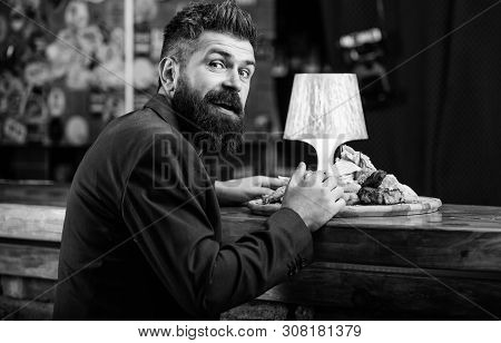 Restaurant Client. Hipster Formal Suit Sit At Bar Counter. Man Received Meal With Fried Potato Fish 