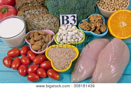 Nutritious Products Containing Vitamin B3 (pp, Niacin) And Other Natural Minerals, Concept Of Health