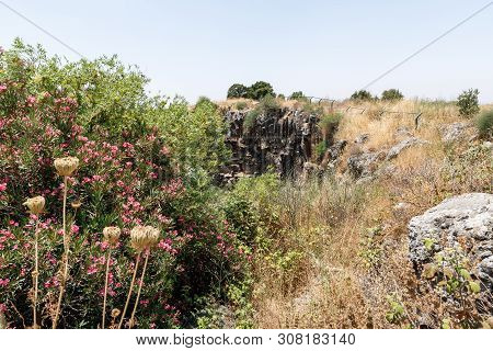 The Path Leading Through The Bushes With Flowers To The Volcanic Mountains Above The Ayit Waterfall 