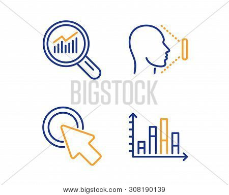 Click Here, Data Analysis And Face Id Icons Simple Set. Diagram Graph Sign. Push Button, Magnifying 