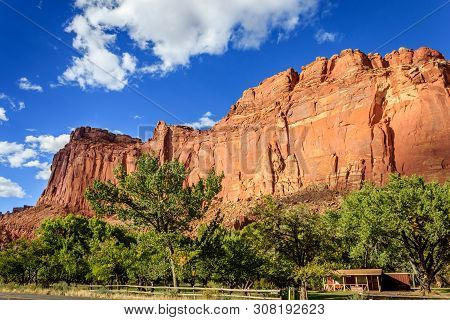 The Rock Formations Tower Above The Orchards In Captiol Reef National Park, Utah, Usa