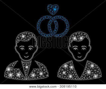 Glowing Mesh Gays Marriage With Glare Effect. Abstract Illuminated Model Of Gays Marriage Icon. Shin