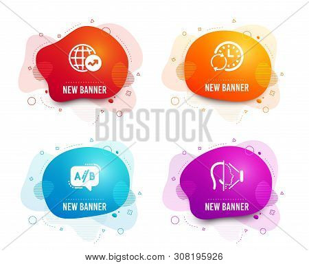 Liquid Badges. Set Of Ab Testing, World Statistics And Update Time Icons. Face Id Sign. Test Chat, G