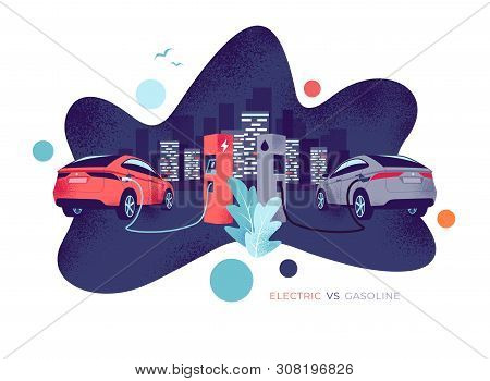 Vector Illustration Comparing Electric Versus Gasoline Car. Electric Car Charging At Charger Station