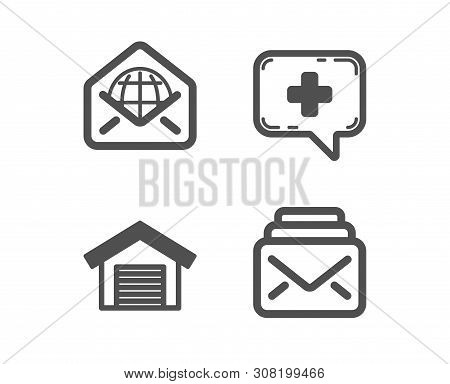 Set Of Medical Chat, Web Mail And Parking Garage Icons. Mail Sign. Medicine Help, World Communicatio