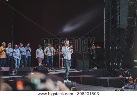 Lviv, Ukraine - June 18, 2019: Vakarchuk At Stage Talking In Microphone. Political