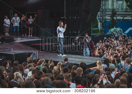 Lviv, Ukraine - June 18, 2019: Vakarchuk At Stage Talking In Microphone. Political