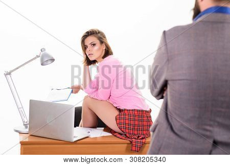 Private Teaching. Sexy Teacher Working In Private School Or College. Pretty Woman Tutor Giving Priva