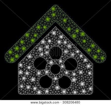 Bright Mesh Flower Orangery With Glare Effect. Abstract Illuminated Model Of Flower Orangery Icon. S