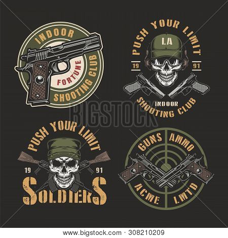 Colorful Military Emblems With Special Forces Soldier And Warrior Skulls Handguns Assault Rifles Cro