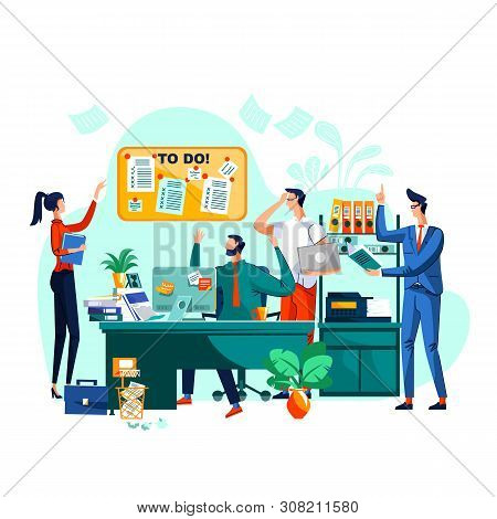 Deadline, Teamwork And Brainstorm Business Concept Vector. Team Of Employees In Company Office Worki
