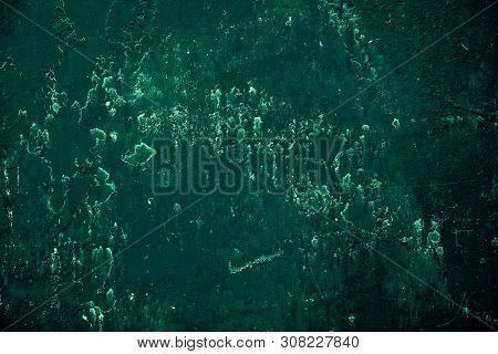 Vintage Green Background. Rough Painted Wall Of Emerald Color. Imperfect Plane Of Virid Colored. Une