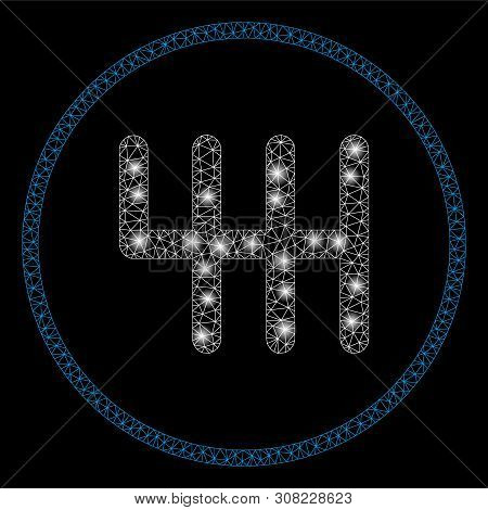 Glowing Mesh Gear Box With Glare Effect. Abstract Illuminated Model Of Gear Box Icon. Shiny Wire Car