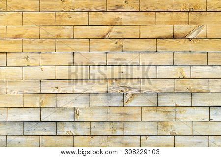 Wood Plank Texture With Brick Cutouts. Wooden Brick Yellow. Background Tree Small Planks Structure B