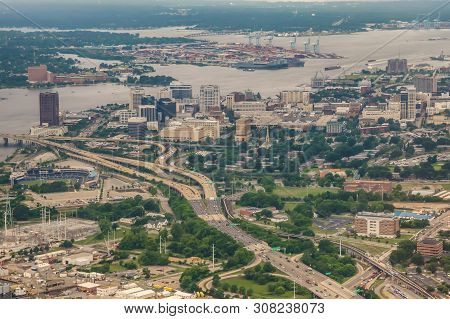 Norfolk Virginia Aerial Of City Skyline And Surroundings
