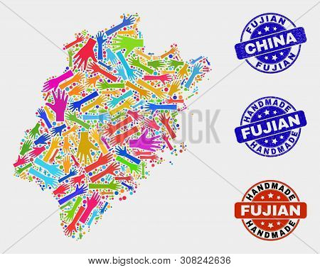 Vector Handmade Combination Of Fujian Province Map And Scratched Stamp Seals. Mosaic Fujian Province
