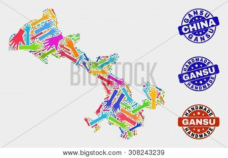 Vector Handmade Collage Of Gansu Province Map And Grunge Stamp Seals. Mosaic Gansu Province Map Is C