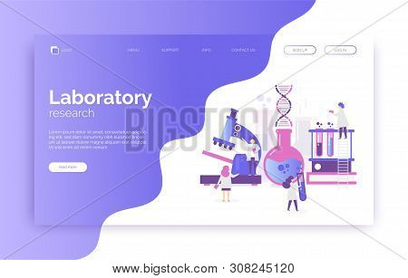Laboratory Illustration With Scientists, Microscope, Tubes, Dna, Researches.
