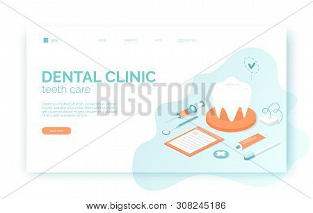 Dental Clinic Website Header, Banner, Flyer Template In Isometric Flat Style With Tooth, Brush, Toot