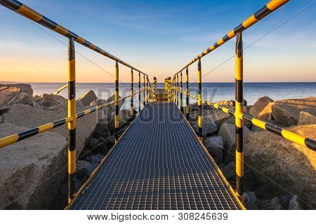 Small Pier On The North Breakwater Overlooking The Gulf Of Gdansk Near The Beach At Westerplatte. Gd