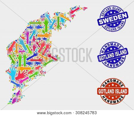 Vector Handmade Combination Of Gotland Island Map And Scratched Stamp Seals. Mosaic Gotland Island M