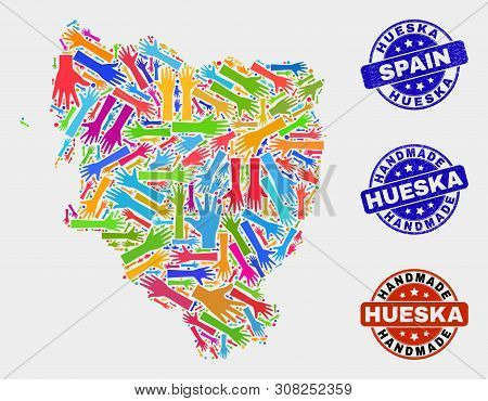 Vector Handmade Composition Of Hueska Province Map And Dirty Stamp Seals. Mosaic Hueska Province Map