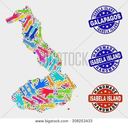 Vector Handmade Collage Of Isabela Island Of Galapagos Map And Rubber Stamp Seals. Mosaic Isabela Is